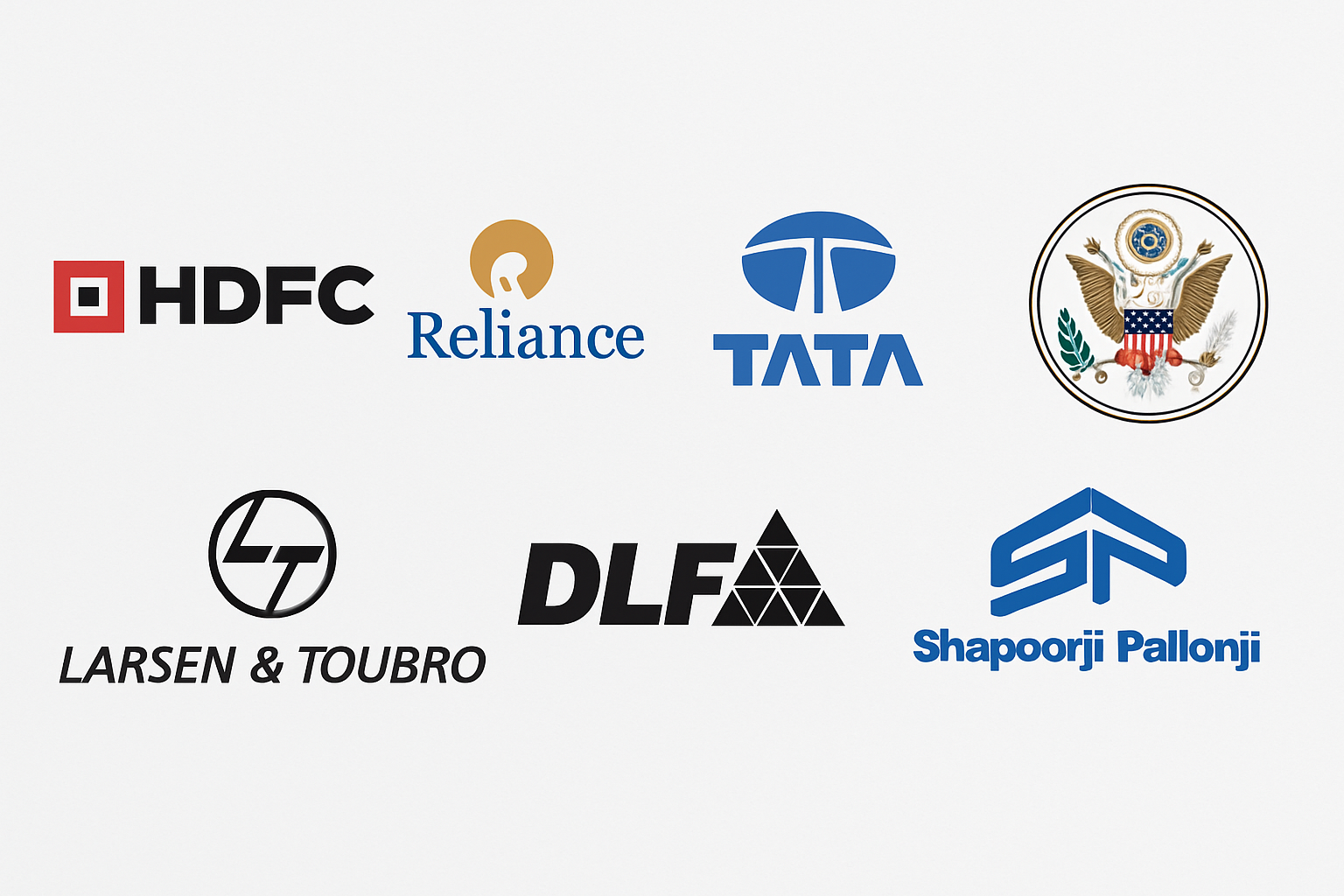 Logos of HDFC, Reliance, Tata, US Gov, Major Construction Companies